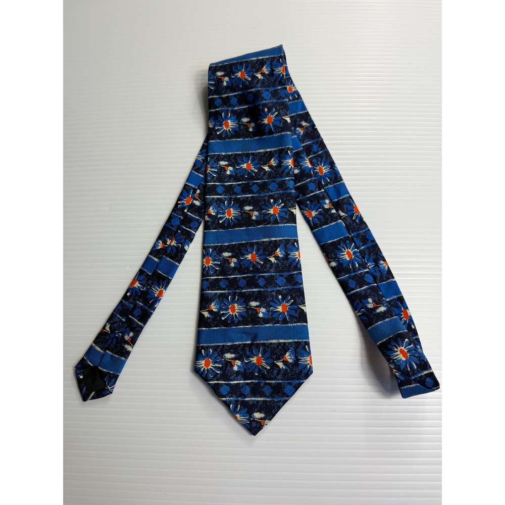 Lucien Solari Necktie 100% Silk Made in Italy Floral Print Blue Orange
